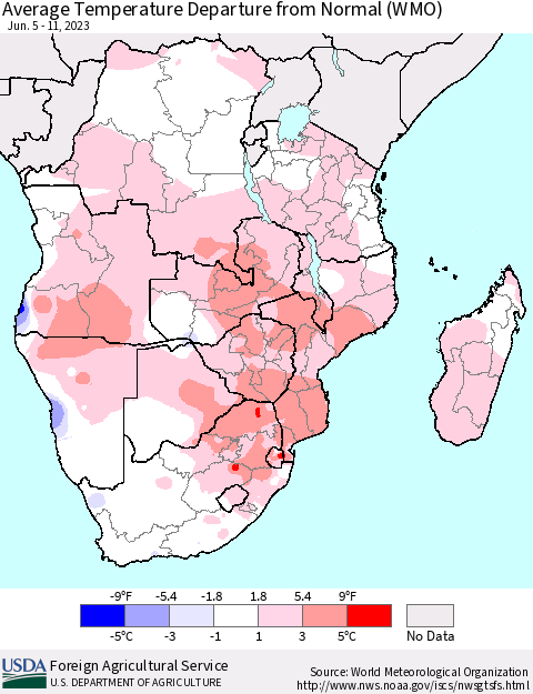 Southern Africa Average Temperature Departure from Normal (WMO) Thematic Map For 6/5/2023 - 6/11/2023