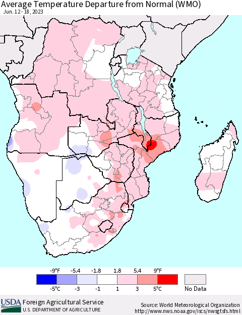 Southern Africa Average Temperature Departure from Normal (WMO) Thematic Map For 6/12/2023 - 6/18/2023