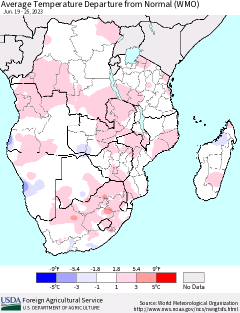 Southern Africa Average Temperature Departure from Normal (WMO) Thematic Map For 6/19/2023 - 6/25/2023