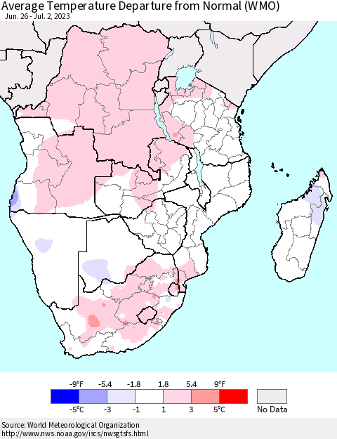 Southern Africa Average Temperature Departure from Normal (WMO) Thematic Map For 6/26/2023 - 7/2/2023