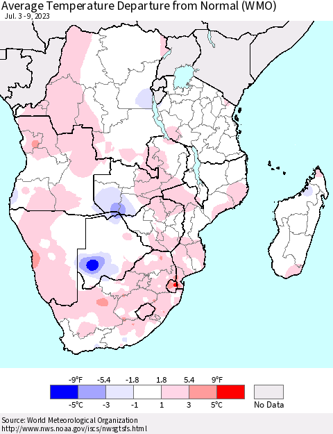 Southern Africa Average Temperature Departure from Normal (WMO) Thematic Map For 7/3/2023 - 7/9/2023