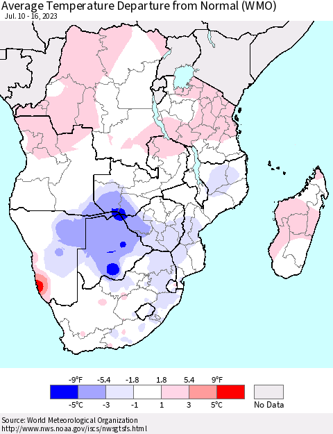 Southern Africa Average Temperature Departure from Normal (WMO) Thematic Map For 7/10/2023 - 7/16/2023