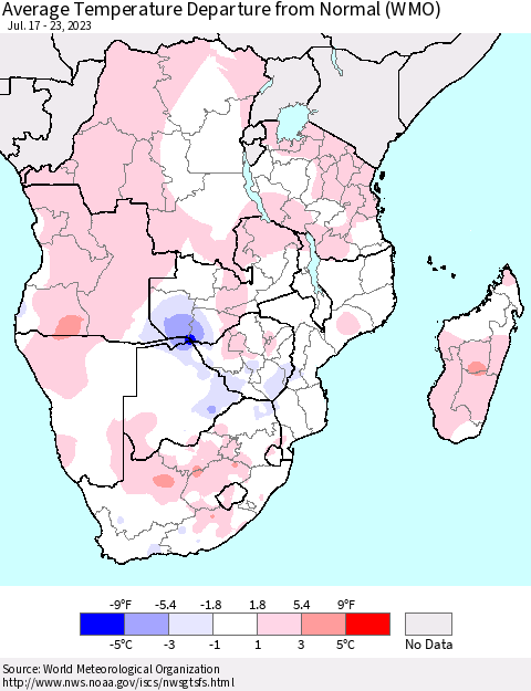 Southern Africa Average Temperature Departure from Normal (WMO) Thematic Map For 7/17/2023 - 7/23/2023