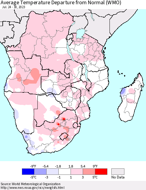 Southern Africa Average Temperature Departure from Normal (WMO) Thematic Map For 7/24/2023 - 7/30/2023