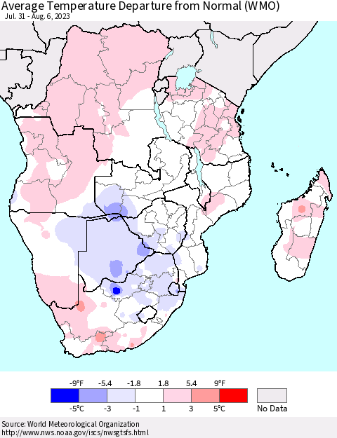 Southern Africa Average Temperature Departure from Normal (WMO) Thematic Map For 7/31/2023 - 8/6/2023