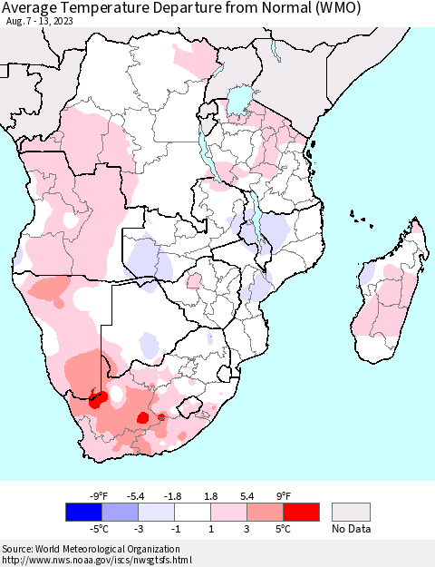 Southern Africa Average Temperature Departure from Normal (WMO) Thematic Map For 8/7/2023 - 8/13/2023