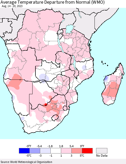Southern Africa Average Temperature Departure from Normal (WMO) Thematic Map For 8/14/2023 - 8/20/2023
