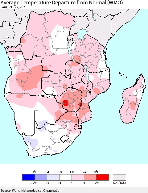 Southern Africa Average Temperature Departure from Normal (WMO) Thematic Map For 8/21/2023 - 8/27/2023