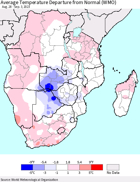 Southern Africa Average Temperature Departure from Normal (WMO) Thematic Map For 8/28/2023 - 9/3/2023