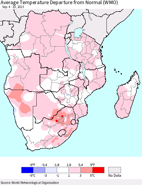 Southern Africa Average Temperature Departure from Normal (WMO) Thematic Map For 9/4/2023 - 9/10/2023