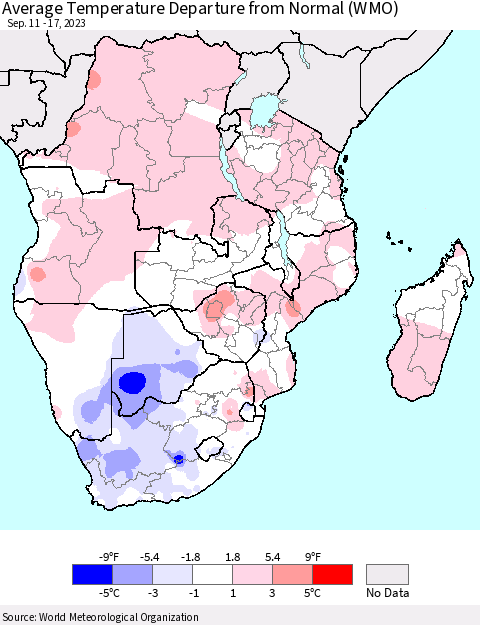 Southern Africa Average Temperature Departure from Normal (WMO) Thematic Map For 9/11/2023 - 9/17/2023