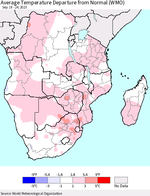 Southern Africa Average Temperature Departure from Normal (WMO) Thematic Map For 9/18/2023 - 9/24/2023
