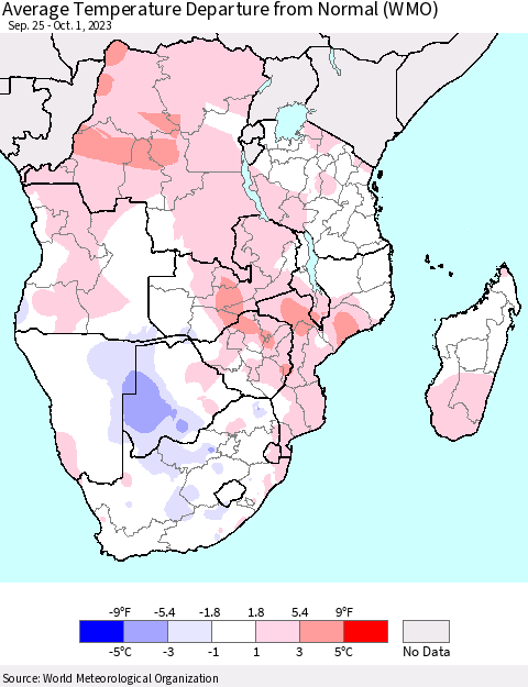 Southern Africa Average Temperature Departure from Normal (WMO) Thematic Map For 9/25/2023 - 10/1/2023