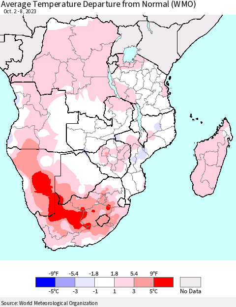 Southern Africa Average Temperature Departure from Normal (WMO) Thematic Map For 10/2/2023 - 10/8/2023
