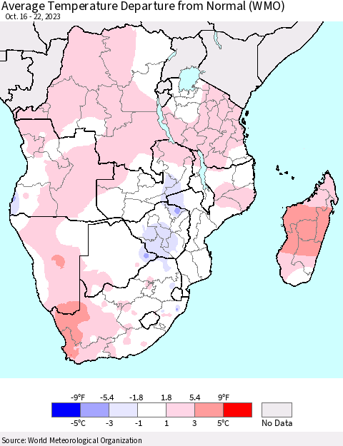 Southern Africa Average Temperature Departure from Normal (WMO) Thematic Map For 10/16/2023 - 10/22/2023