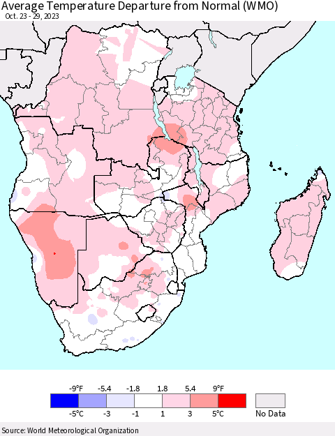 Southern Africa Average Temperature Departure from Normal (WMO) Thematic Map For 10/23/2023 - 10/29/2023