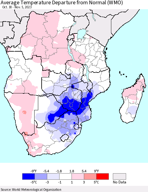 Southern Africa Average Temperature Departure from Normal (WMO) Thematic Map For 10/30/2023 - 11/5/2023