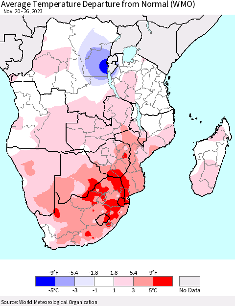 Southern Africa Average Temperature Departure from Normal (WMO) Thematic Map For 11/20/2023 - 11/26/2023