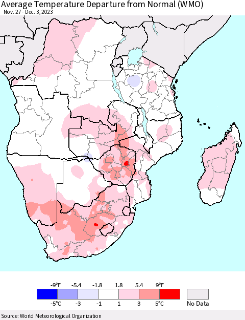 Southern Africa Average Temperature Departure from Normal (WMO) Thematic Map For 11/27/2023 - 12/3/2023