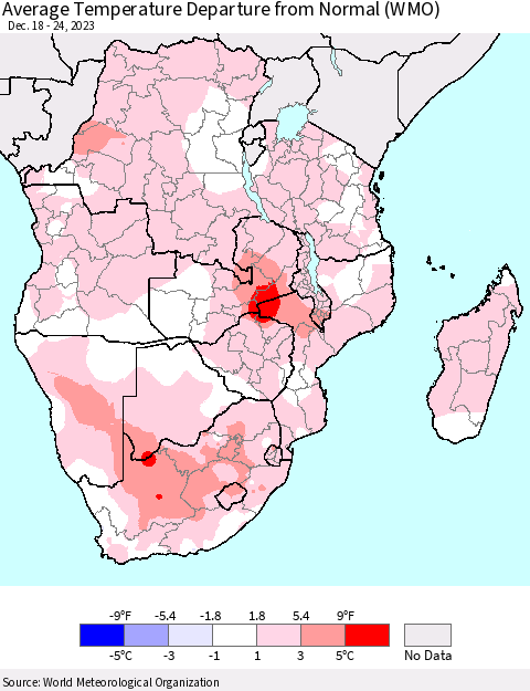 Southern Africa Average Temperature Departure from Normal (WMO) Thematic Map For 12/18/2023 - 12/24/2023