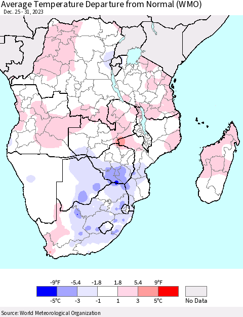 Southern Africa Average Temperature Departure from Normal (WMO) Thematic Map For 12/25/2023 - 12/31/2023