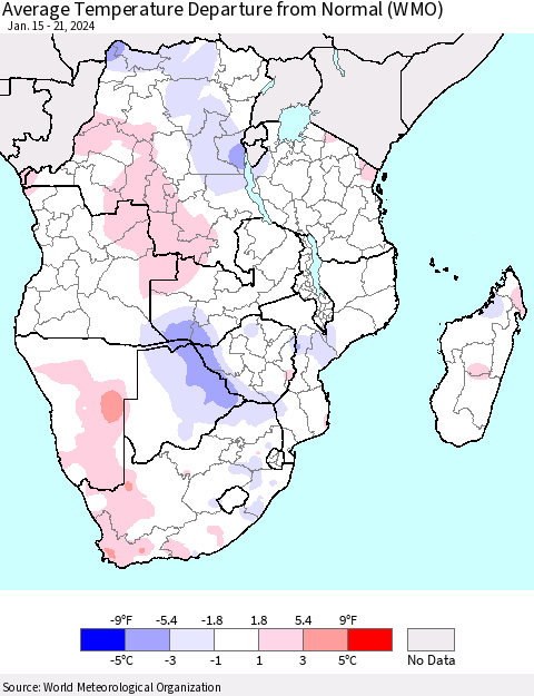 Southern Africa Average Temperature Departure from Normal (WMO) Thematic Map For 1/15/2024 - 1/21/2024