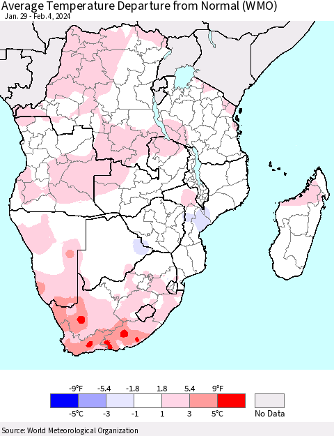 Southern Africa Average Temperature Departure from Normal (WMO) Thematic Map For 1/29/2024 - 2/4/2024