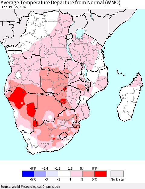 Southern Africa Average Temperature Departure from Normal (WMO) Thematic Map For 2/19/2024 - 2/25/2024