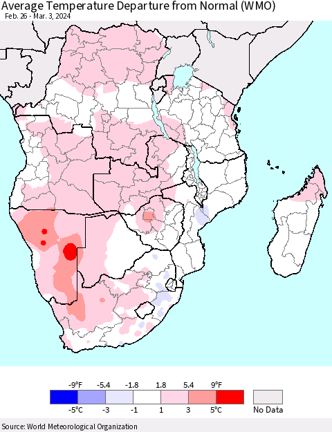 Southern Africa Average Temperature Departure from Normal (WMO) Thematic Map For 2/26/2024 - 3/3/2024