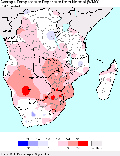 Southern Africa Average Temperature Departure from Normal (WMO) Thematic Map For 3/4/2024 - 3/10/2024
