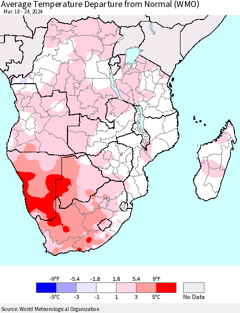 Southern Africa Average Temperature Departure from Normal (WMO) Thematic Map For 3/18/2024 - 3/24/2024