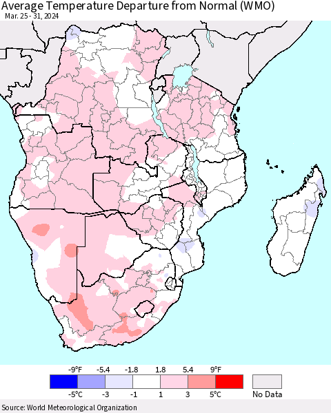 Southern Africa Average Temperature Departure from Normal (WMO) Thematic Map For 3/25/2024 - 3/31/2024