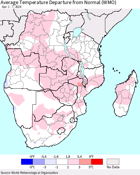 Southern Africa Average Temperature Departure from Normal (WMO) Thematic Map For 4/1/2024 - 4/7/2024
