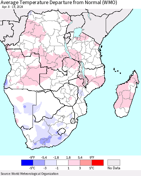 Southern Africa Average Temperature Departure from Normal (WMO) Thematic Map For 4/8/2024 - 4/14/2024