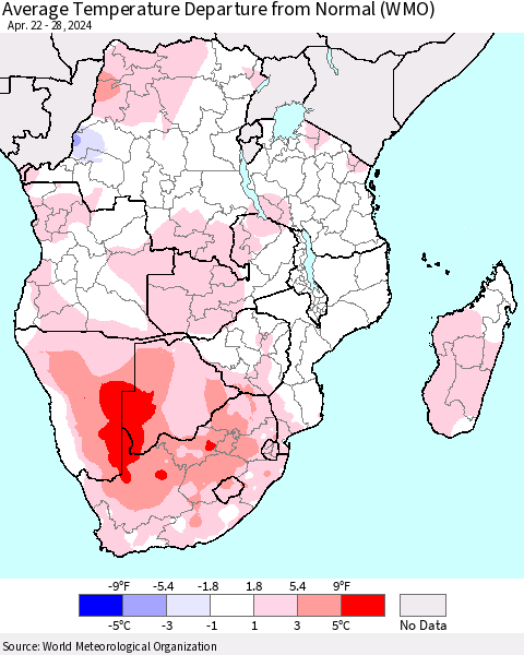 Southern Africa Average Temperature Departure from Normal (WMO) Thematic Map For 4/22/2024 - 4/28/2024