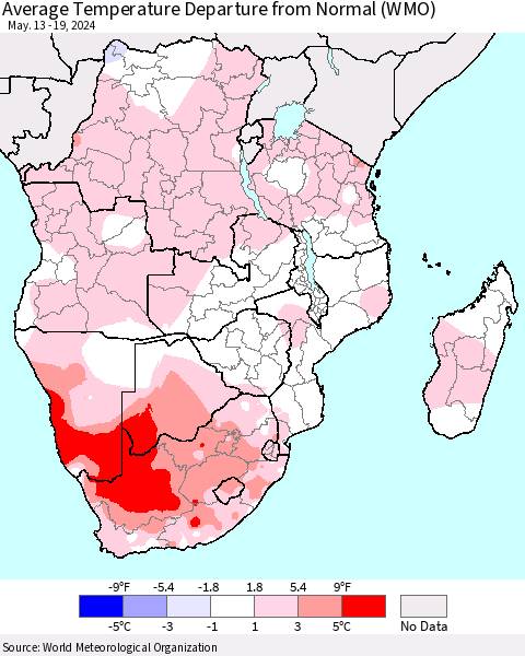 Southern Africa Average Temperature Departure from Normal (WMO) Thematic Map For 5/13/2024 - 5/19/2024