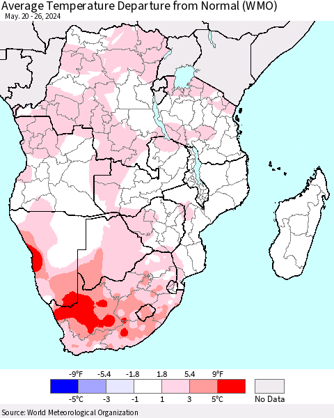 Southern Africa Average Temperature Departure from Normal (WMO) Thematic Map For 5/20/2024 - 5/26/2024