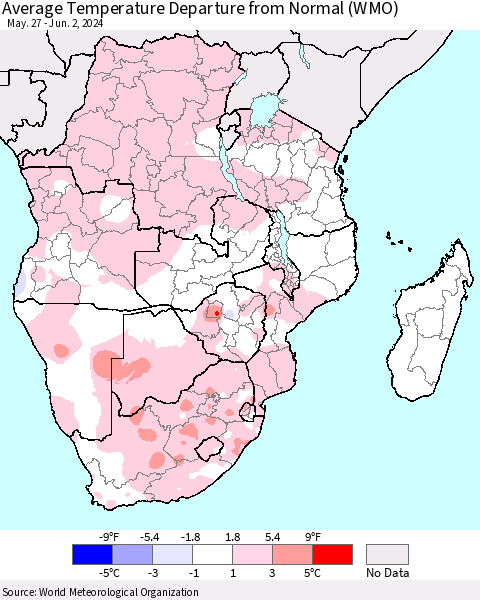 Southern Africa Average Temperature Departure from Normal (WMO) Thematic Map For 5/27/2024 - 6/2/2024