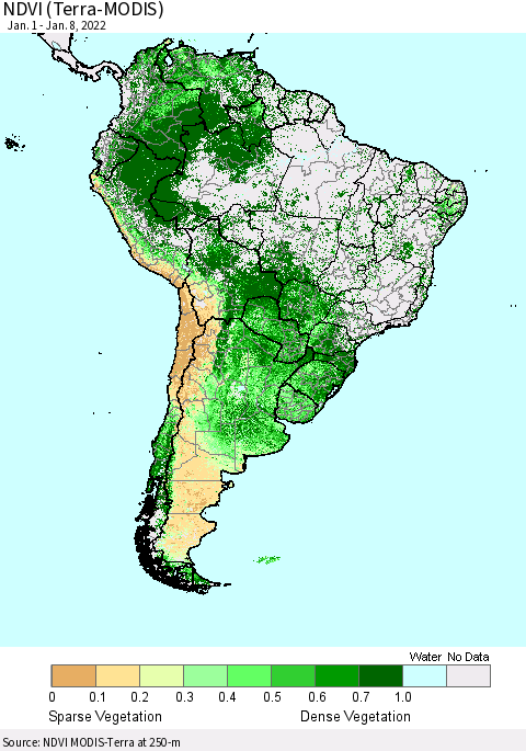 South America NDVI (Terra-MODIS) Thematic Map For 1/1/2022 - 1/8/2022