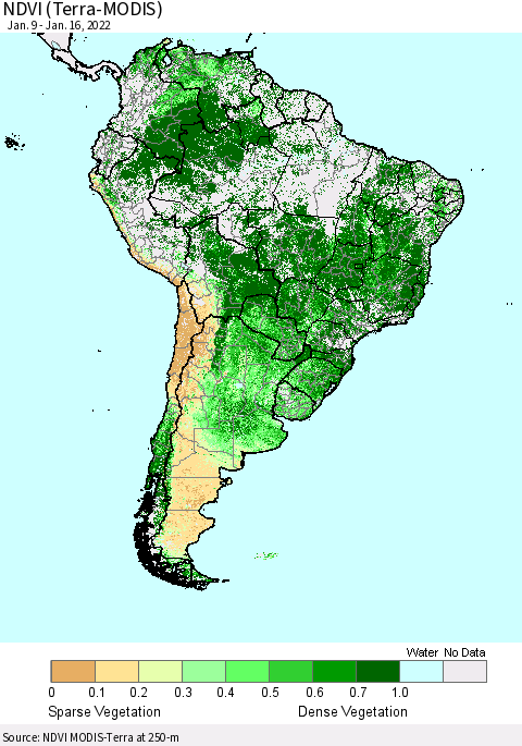 South America NDVI (Terra-MODIS) Thematic Map For 1/9/2022 - 1/16/2022