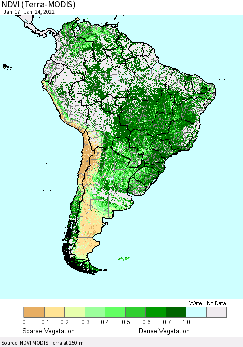 South America NDVI (Terra-MODIS) Thematic Map For 1/17/2022 - 1/24/2022
