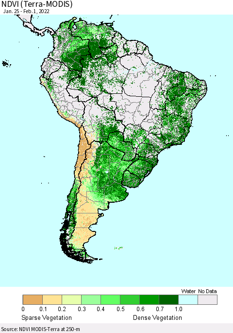 South America NDVI (Terra-MODIS) Thematic Map For 1/25/2022 - 2/1/2022