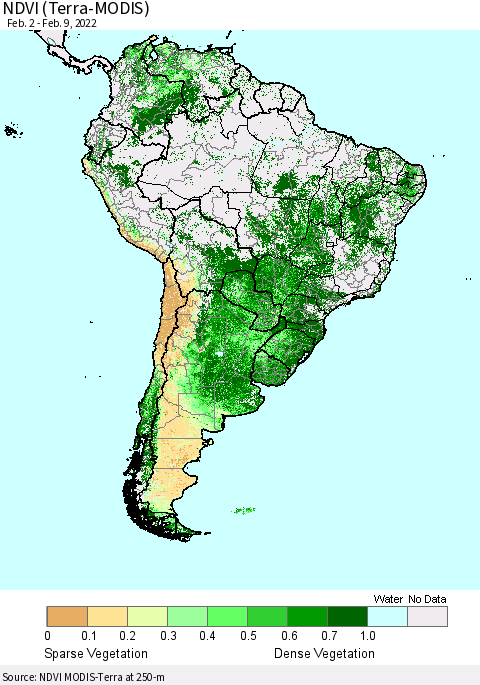South America NDVI (Terra-MODIS) Thematic Map For 2/2/2022 - 2/9/2022
