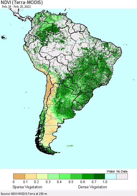 South America NDVI (Terra-MODIS) Thematic Map For 2/18/2022 - 2/25/2022