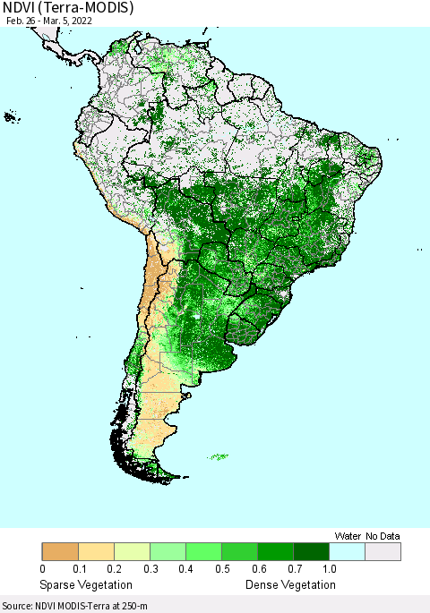 South America NDVI (Terra-MODIS) Thematic Map For 2/26/2022 - 3/5/2022