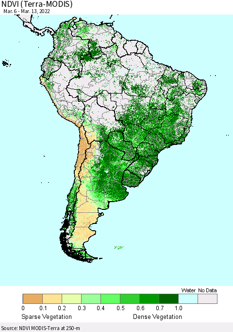 South America NDVI (Terra-MODIS) Thematic Map For 3/6/2022 - 3/13/2022