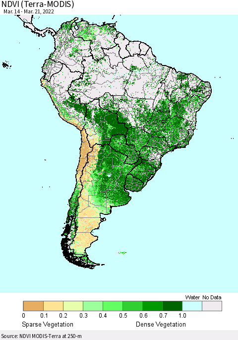 South America NDVI (Terra-MODIS) Thematic Map For 3/14/2022 - 3/21/2022