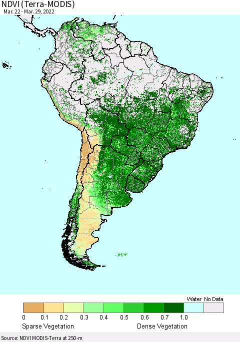 South America NDVI (Terra-MODIS) Thematic Map For 3/22/2022 - 3/29/2022