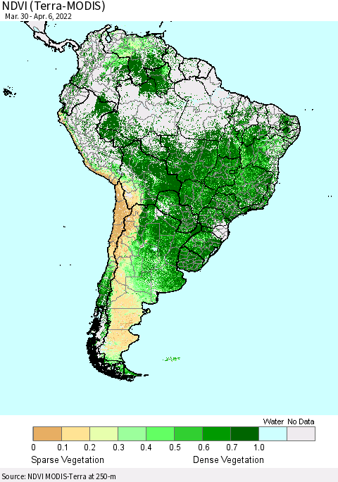 South America NDVI (Terra-MODIS) Thematic Map For 3/30/2022 - 4/6/2022
