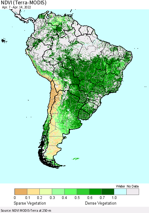 South America NDVI (Terra-MODIS) Thematic Map For 4/7/2022 - 4/14/2022